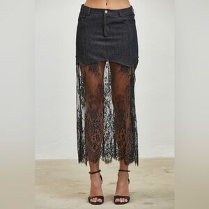 Layered Denim Lace Contrast Midi Skirt - Edit by Nine